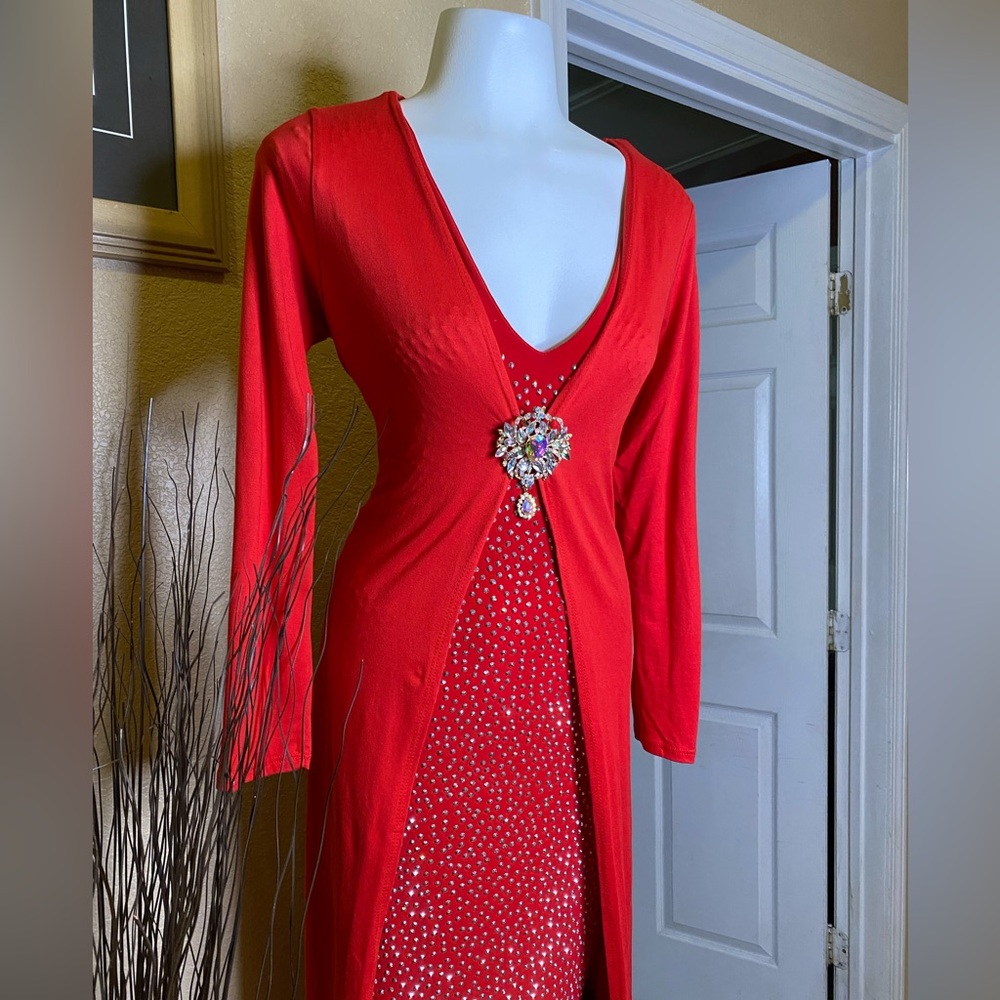 Midi Red Party Dress with rhinestones - Picture 2 of 4